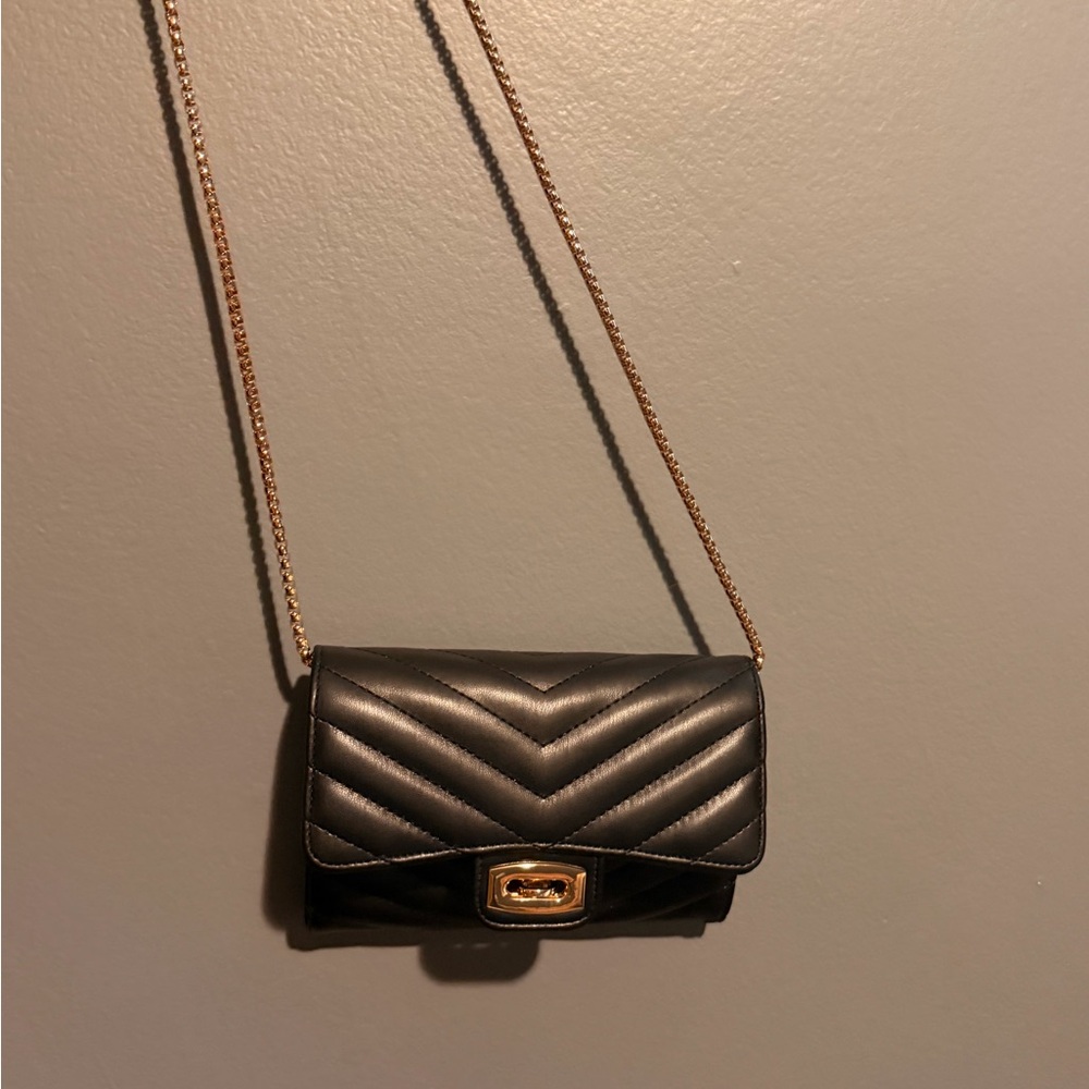 Quilted Black Chain Shoulder Bag with Gold Hardware